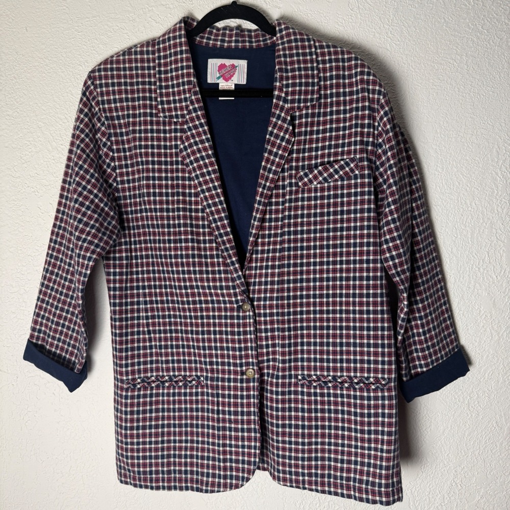 VTG Keren Hart Womens M Plaid 100% Cotton Blazer 80s 90s Preppy Academia